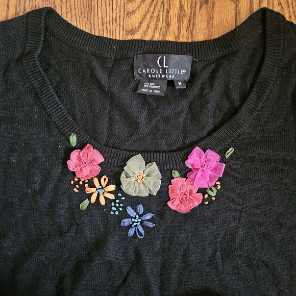 Vintage Y2K tee sweater silk cashmere flower ribbon scoop neck size Medium black - Picture 2 of 6